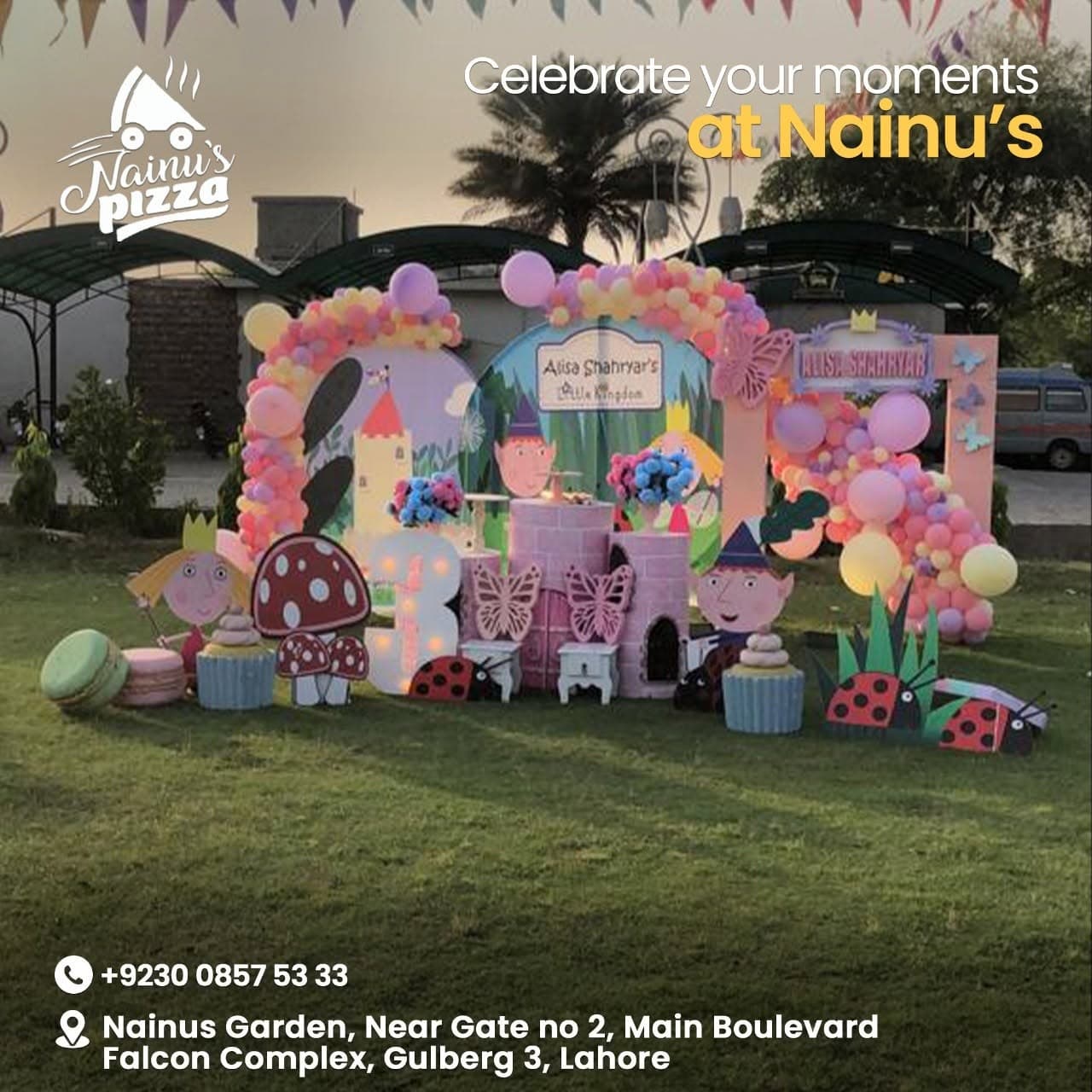 A birthday celebration hosted at Nainu's Pizza, Gulberg III, Lahore — balloon arch and themed decor setup