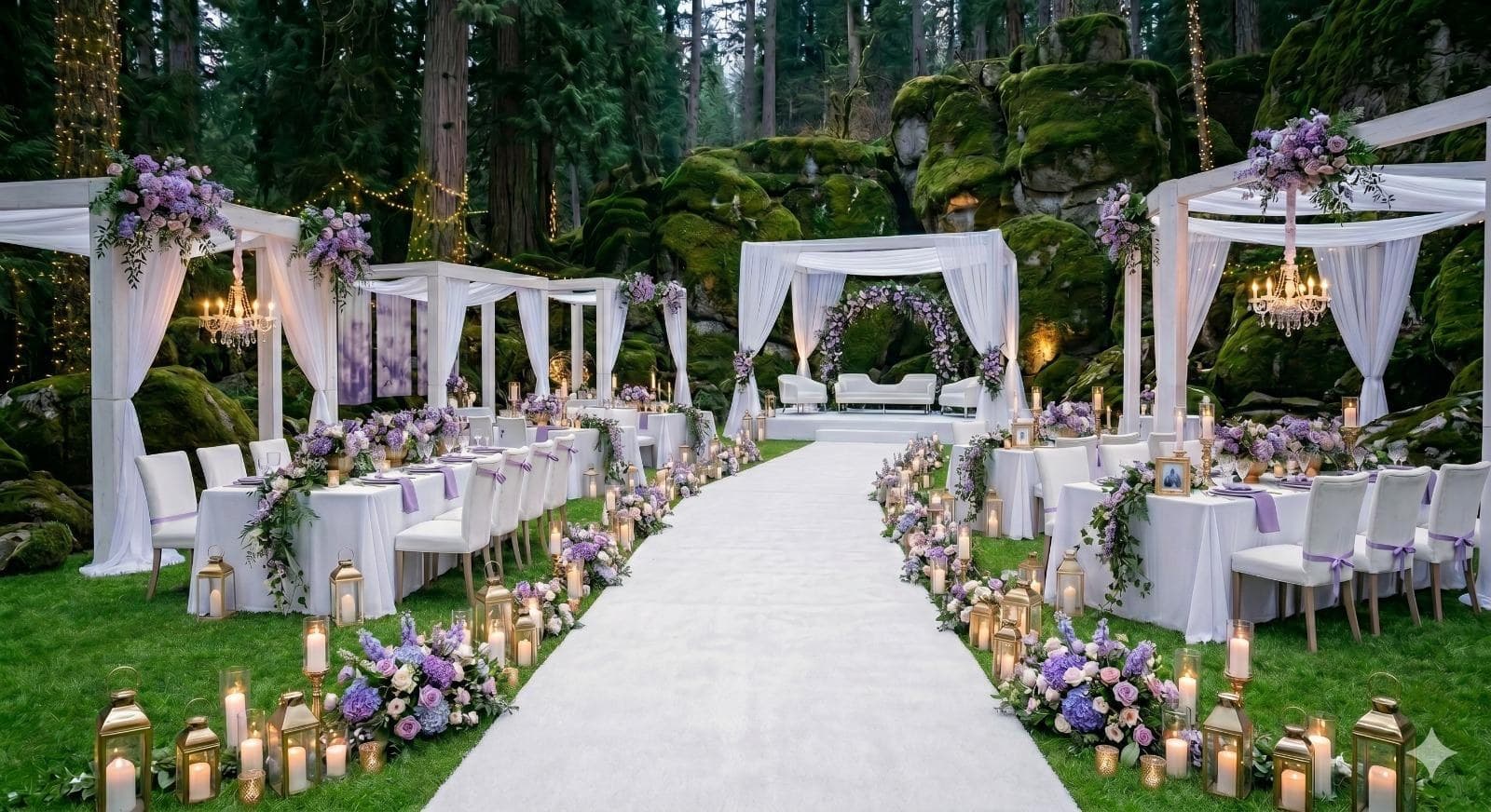 Elegant lavender-themed outdoor wedding reception with draped canopies, chandeliers and candlelit aisle, styled by Shoaib Caterers & Event Management, Lahore